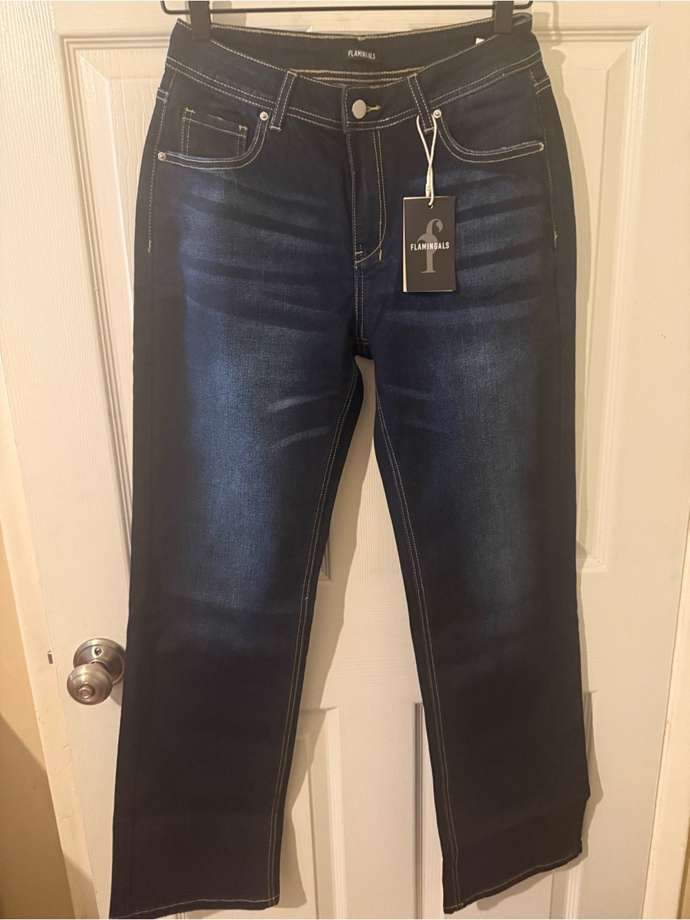 Flamingals #80292 Dark Wash High Rise Straight Leg Jeans Size S NWT 28x31